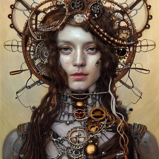 Image similar to A head and shoulders masterpiece portrait of a steampunk beautiful goddess, she half human and half robot, she is embellished with few gears wheels and gemstones, by William Holman Hunt, Greg Rutkowski, Stanely Artgerm, Tooth Wu, Peter Gric, Aaron Horkey, trending on Artstation, digital art, mythological, symmetrical artwork, cinematic lighting, hyper realism, high detail, octane render, ultra realistic, golden ratio, 4k, 8k