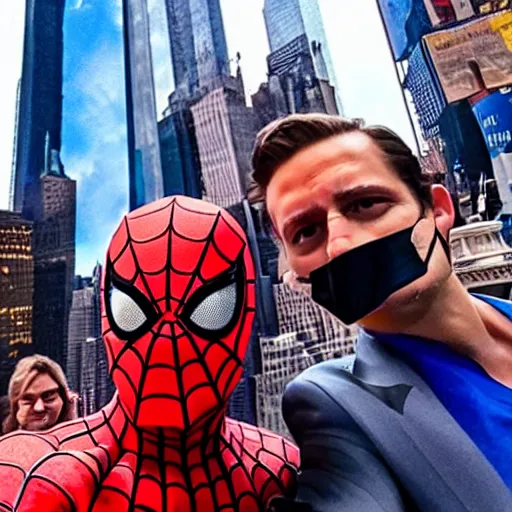 Prompt: a selfie spider - man took with donald trump at time square i'm nyc.