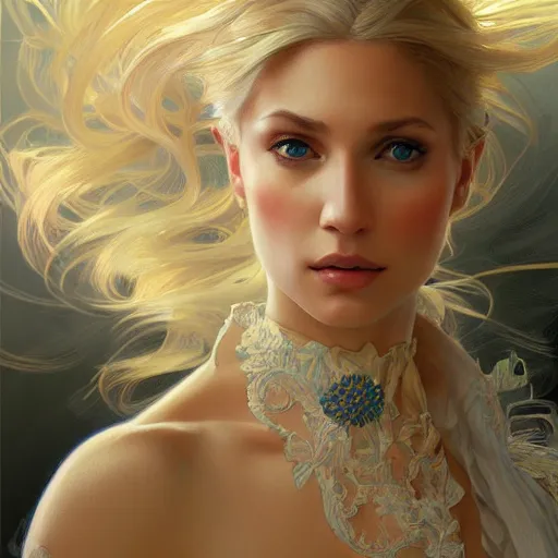 Prompt: ultra realistic illustration, a hot and beautiful blonde slavic woman in her 3 0's, intricate, elegant, highly detailed, digital painting, artstation, concept art, smooth, sharp focus, illustration, art by artgerm and greg rutkowski and alphonse mucha