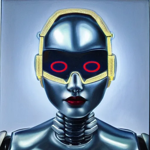 Image similar to hyperrealism oil painting portrait of robot cyborg fashion model with glowing eyes