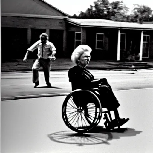 Prompt: Old woman in a wheelchair is chased by the police at very high speed. texas. colored photo. 1970.