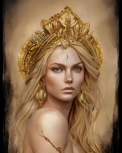 Image similar to tattoo design sketch of hot blonde super model as aphrodite greek goddess wearing a gold laurel wreath and triangle earrings, beautiful piercing gaze with sharp pupils, in the style of greg rutkowski, fantasy, amazing detail, epic, elegant, smooth, sharp focus, front view