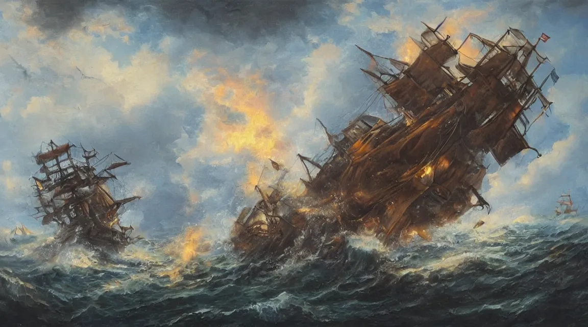 Image similar to oil painting of a pirate ship being attacked by a kraken