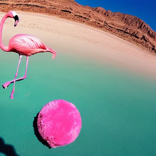 Prompt: Flamingo in the desert, surrounded with beach balls, photo realistic, -n 6