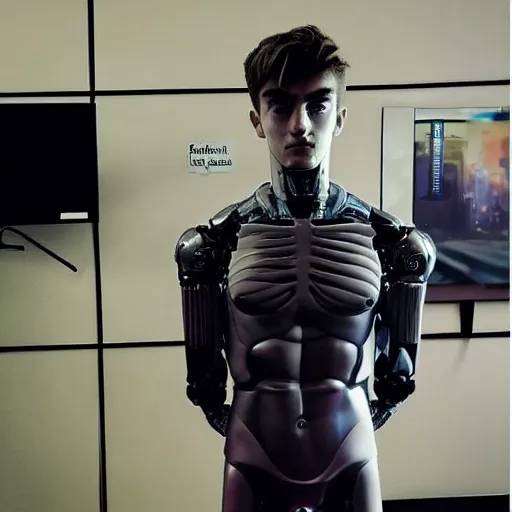 Image similar to “a realistic detailed photo of a guy who is an attractive humanoid who is half robot and half humanoid, who is a male android, twitch streamer Ninja Tyler Blevins, shiny skin, posing like a statue, blank stare, gaming room, close up”