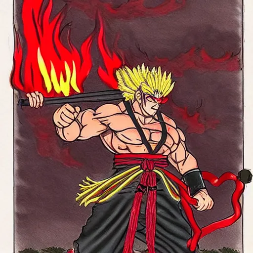 Prompt: a nihonga style shogun that is akuma from street fighter surrounded by flames