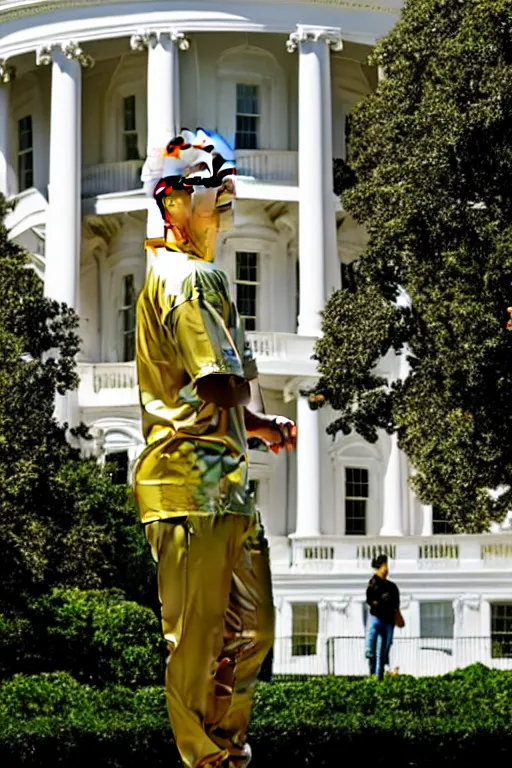 Prompt: A beautiful gold statue of Mark Zuckerberg in front of the White House, photo by Steve McCurry, heroic pose, detailed, smooth, smiling, professional photographer