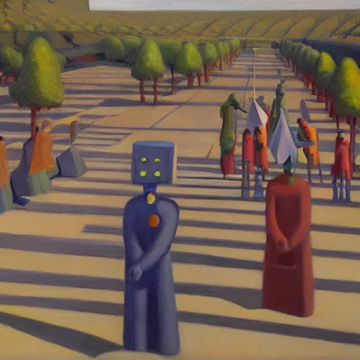 Image similar to robot druids in a grand processional, capital plaza, grant wood, pj crook, edward hopper, oil on canvas