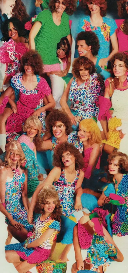Image similar to multicolored crocheted party, 1 9 8 0 s catalogue photo
