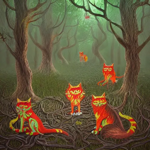 Image similar to A series of angry cats fighting with phoenix dogs in a murky forest with volumetric fog in the style of louis wain high detail trending on artstation octane render impasto