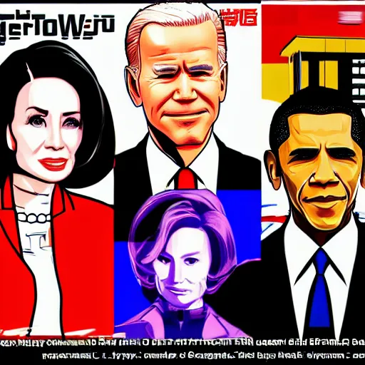 Image similar to gta chinatown wars art style as joe biden, george w bush, nancy pelosi, hot asian babes, obama, on next gta poster, hyperrealistic, rgba colors, remove duplicate content, justify contents center.