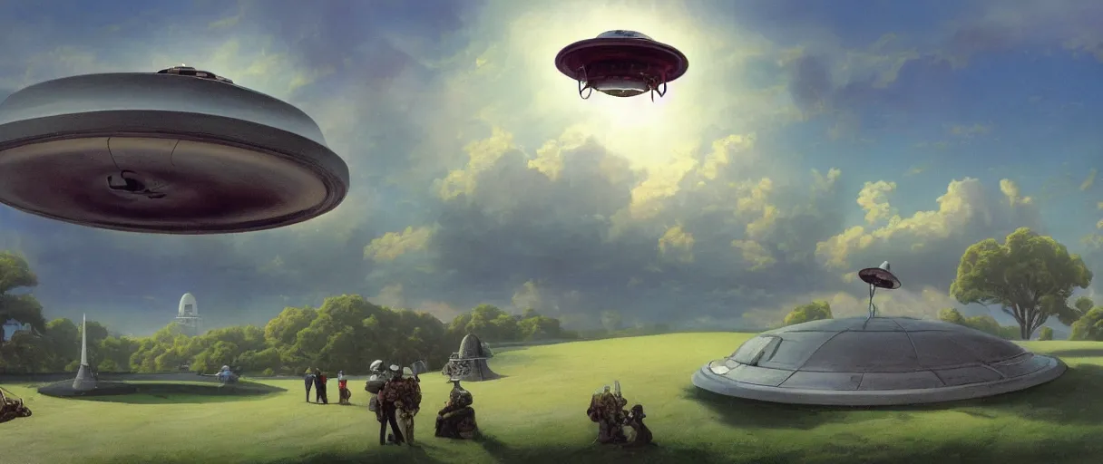 Prompt: A flying saucer lands on the whitehouse lawn, beautiful matte painting, michael whelan, Moebius, frank frazetta, sid mead, thomas kinkade, rodney mathews, trending on artstation