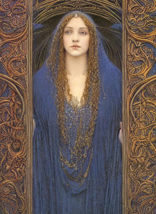 Image similar to detailed realistic beautiful young medieval queen portrait by jean delville, art nouveau, symbolist, visionary, gothic
