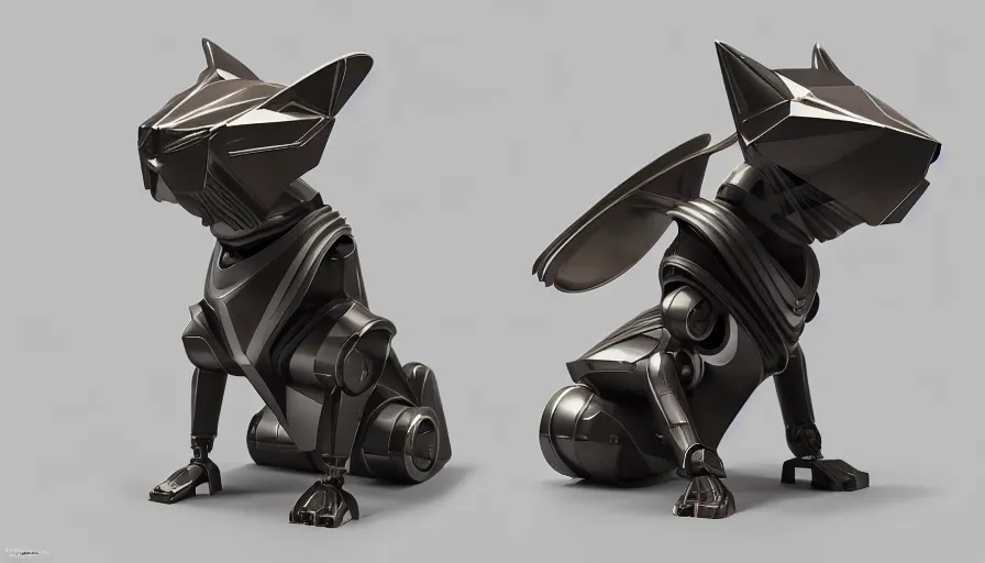 Image similar to product photo of a futuristic cut stylized pet robot by artgerm and greg rutkowski and alphonse mucha, zaha hadid, cat dog teddy mix, volumetric light, detailed, octane render, midsommar