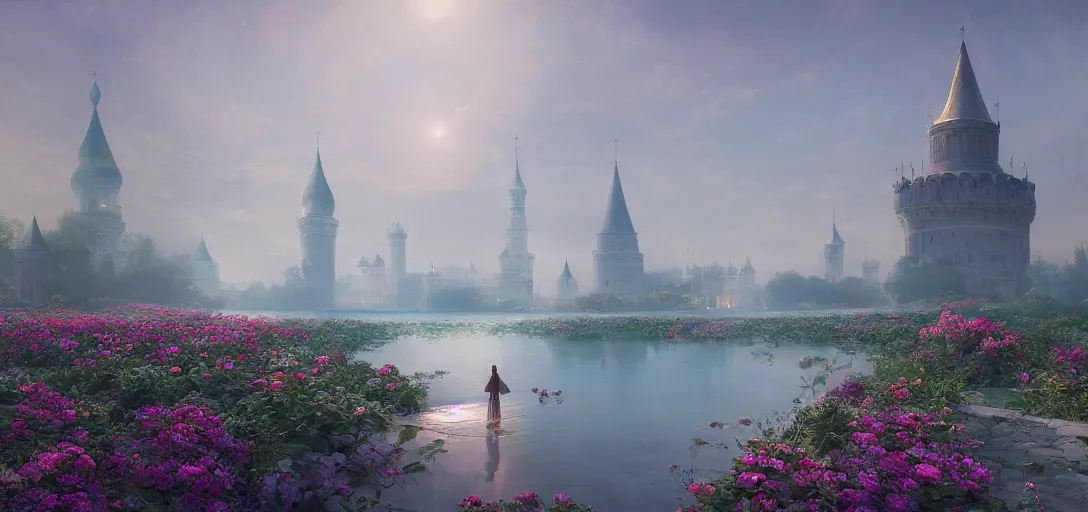 Image similar to vanishing point, palace like the kremlin in distance on a lake is covered with aqua blue roses, viewed from afar, stephen bliss, misty, unreal engine, fantasy art by greg rutkowski, loish, ferdinand knab, and lois van rossdraws,, global illumination, radiant light, minimalist, detailed and intricate environment