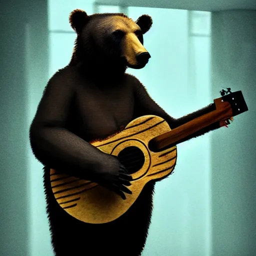 Image similar to realistic bear holding a (wooden triangle + guitar neck + sound hole ) and playing it like a guitar in an abandoned and desecrated hallway in a cyberpunk lab, ultra realistic, concept art, intricate details, eerie, highly detailed, photorealistic, octane render, 8k, unreal engine, art by Vita Wen