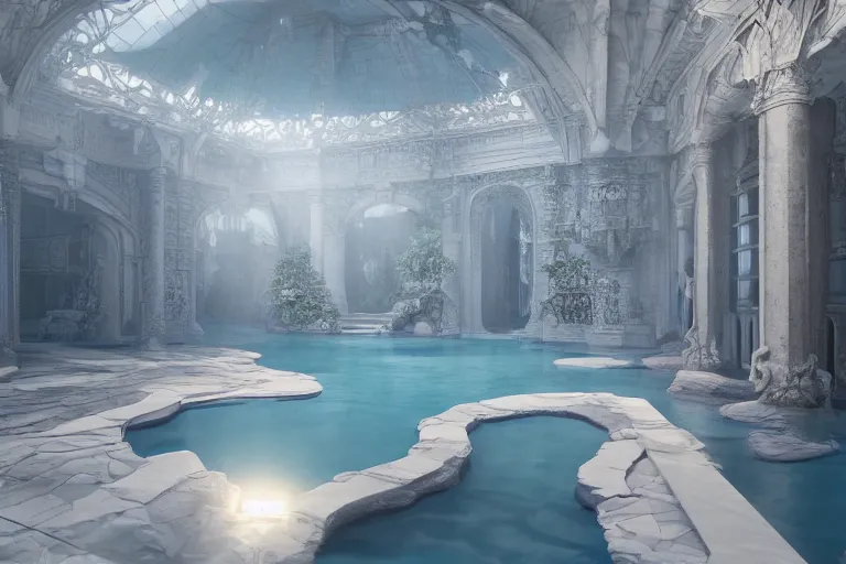 Prompt: serene pool in white citadel, hyper realistic, ambient lighting, concept art, intricate, hyper detailed, smooth, dynamic volumetric lighting, octane, raytrace, cinematic, high quality, high resolution, 4 k, cgsociety, rutkowski, gurney