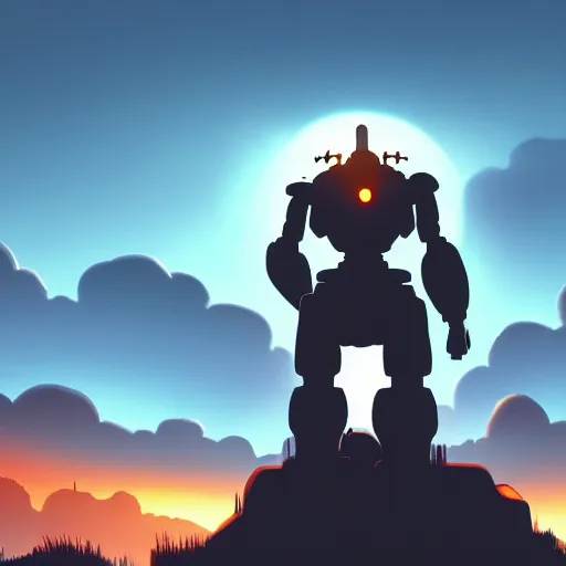 Prompt: Iron Giant at sunset, 4k, trending on artstation, dramatic lighting, highly detailed, cinematic,