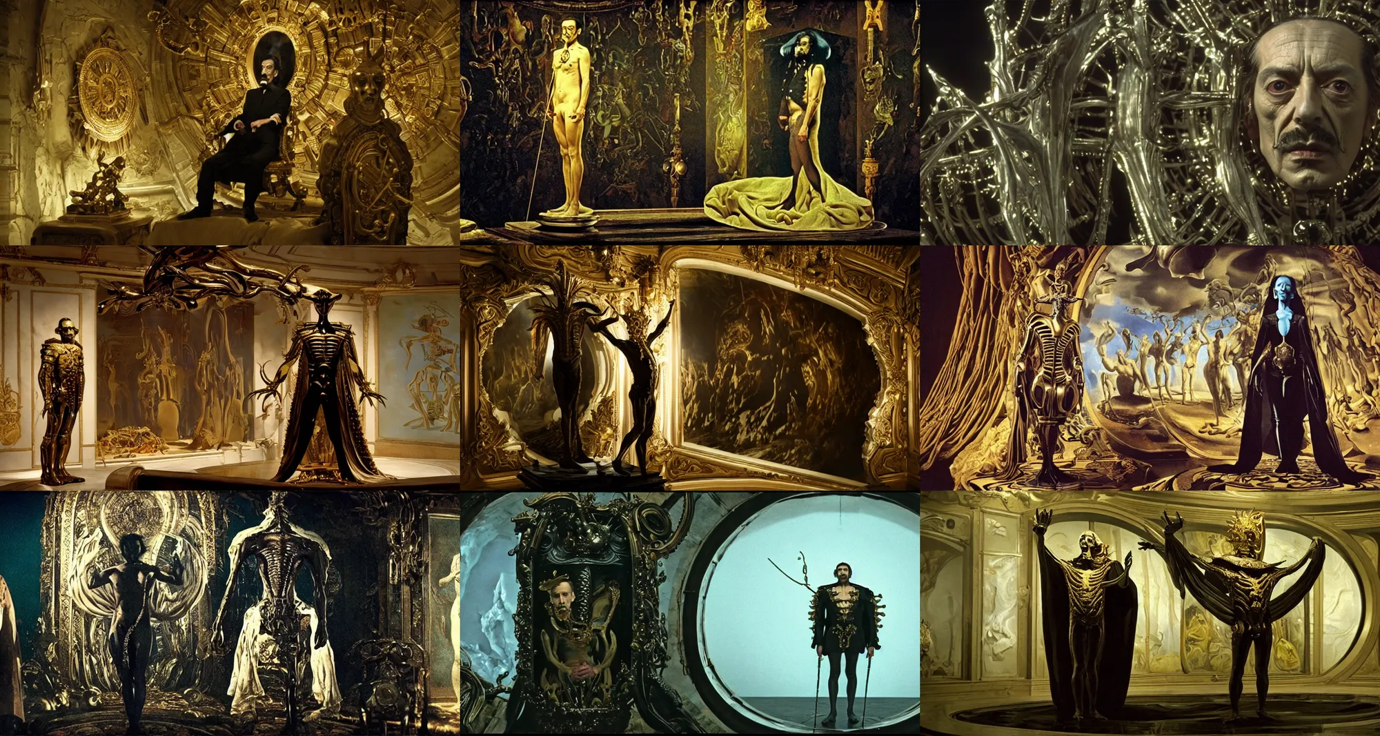 Prompt: the full body shot of arrogant salvador dali in the role of emperor of universe | porthole in the wall of palace | still frame from the prometheus movie by ridley scott with cinematogrophy of christopher doyle and art direction by hans giger, anamorphic bokeh and lens flares, 8 k, higly detailed masterpiece
