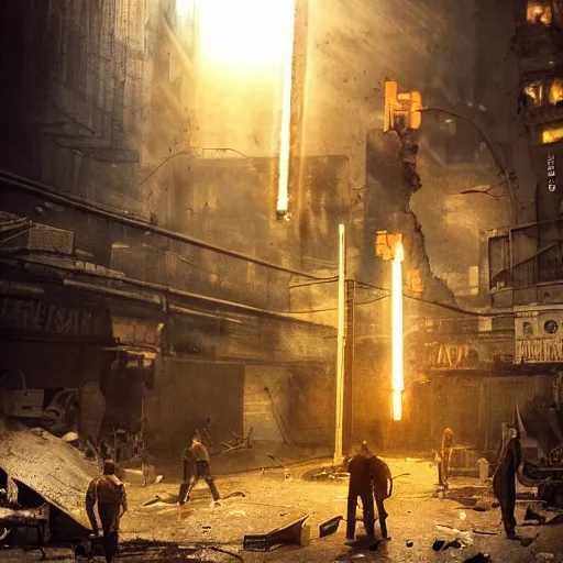 Image similar to augmented human repairing weapon made from old egg beater, dark messy smoke - filled cluttered workshop, dark, dramatic lighting, orange tint, cinematic, highly detailed, sci - fi, futuristic, movie still from blade runner