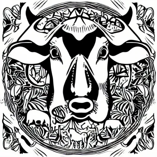 Image similar to antichrist, cow, pig, sheep, chicken, white on black vector ink drawing