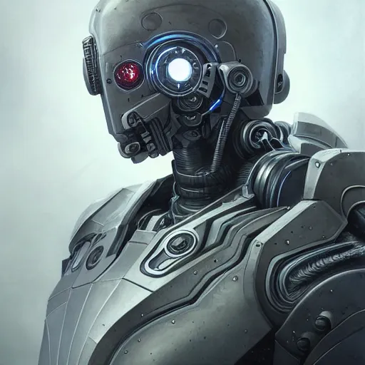 Prompt: portrait painting of a cybernetic grey ravenlike cyborg with power armor, ultra realistic, concept art, intricate details, eerie, highly detailed, photorealistic, octane render, 8 k, unreal engine. art by artgerm and greg rutkowski and alphonse mucha