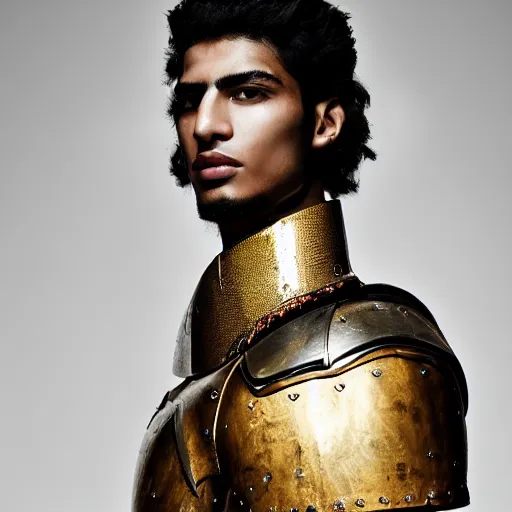 Prompt: a portrait of a beautiful young egyptian male wearing an alexander mcqueen armor , photographed by andrew thomas huang, artistic