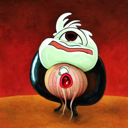 Prompt: sad onion with realistic human eyes crying blood in , dark surrealism