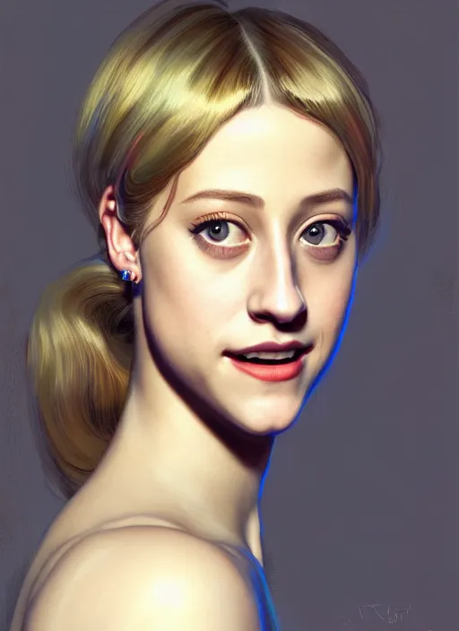 Image similar to portrait of lili reinhart, smiling kindly, bangs, 1 9 6 0 s, ponytail, bangs and ponytail, intricate, elegant, glowing lights, highly detailed, digital painting, artstation, concept art, smooth, sharp focus, illustration, art by wlop, mars ravelo and greg rutkowski