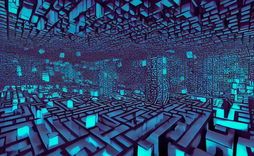 Image similar to interior of an elaborate labyrinth of runic cubes, endless maze - like tribal dark teal runes, ultrarealistic lighting, masterpiece by satoshi kon, crystal cubism, greeble, tesseract, darksynth, high definition
