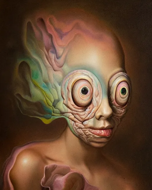 Image similar to strange, looming head, biomorphic painting of a woman with large eyes, pastel colours by, rachel ruysch, and charlie immer, highly detailed, fluid acrylic, airbrush art, timeless disturbing masterpiece