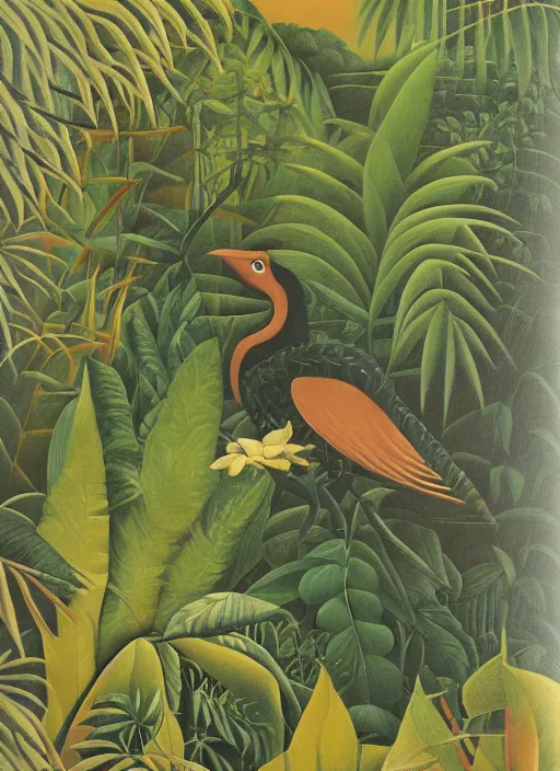 Prompt: rare bird in the jungle, highly detailed, style of henri rousseau