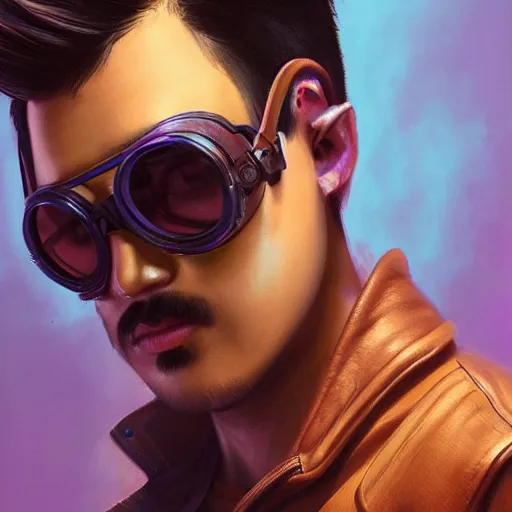 Prompt: very detailed masterpiece closeup painting of a very handsome young indonesian with small mustache cyberpunk man with light blue shutter shades, one side haircut, brown hair with light blue ends, purple leather jacket, beauty mark on cheek, portrait, synthwave background, artstation, concept art by greg rutkowski