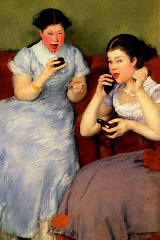 Prompt: vintage beautiful painting of a woman playing Gameboy while being yelled at by another woman in Mary Cassatt style