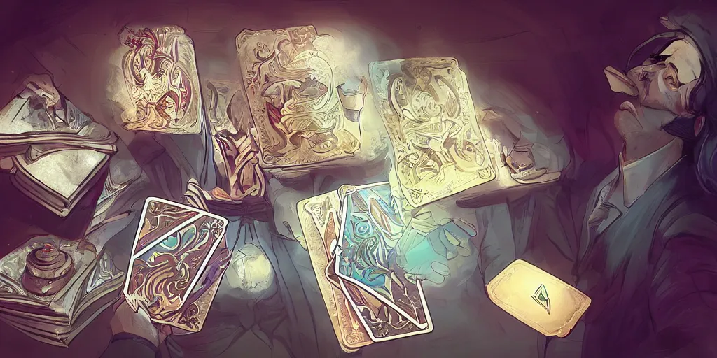 Image similar to wizard shuffling cards, cardistry, fantasy, digital art, soft lighting, concept art, 8 k