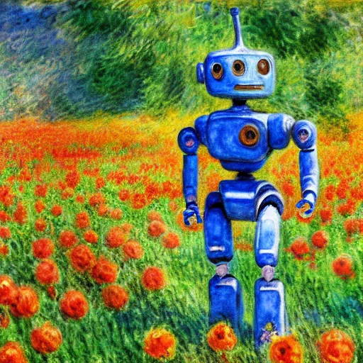 Image similar to a robot standing on flower garden, watercolor art, 1 8 8 0 s, calude monet style, colorfule, hd, uhd