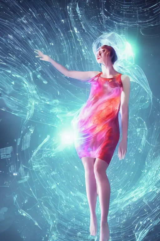 Image similar to a photorealistic full body portrait of a woman wearing a translucent jelly fish dress in space, dynamic lighting, hyper realistic, cinematic, blur, stunning, ray tracing