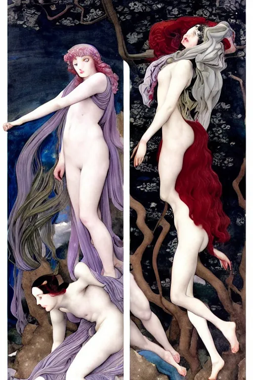 Image similar to 3 Winter Deities, (one representing each month of December, January, and February), in a mixed style of Æon Flux, Peter Chung, Botticelli, and John Singer Sargent, inspired by pre-raphaelite paintings, shoujo manga, and cool Japanese street fashion, sparse Winter landscape, dark and moody colors, hyper detailed, super fine inking lines, dramatic color, 4K extremely photorealistic, Arnold render