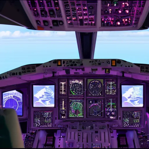 Prompt: A pink dolphin with wings like a butterfly is in the cockpit of a Boeing 777 at the helm, inside view, hyper realistic, 4k, 8k, cinematik