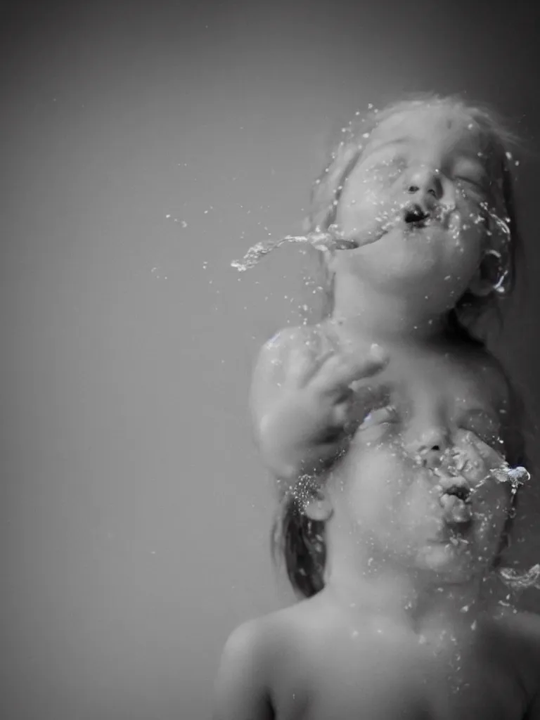 Prompt: analog photographic portrait with 5 0 mm lens and f / 1 2. 0 of a 7 years old woman woman with her eyes closed and spurting from her mouth a white viscous fluid floating in the air. with a slight variation of light in the liquid and gesture.