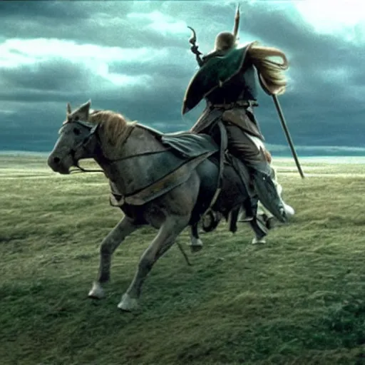 Prompt: still from lord of the rings showing the ride of the rohirrim, riding toward minas tirith