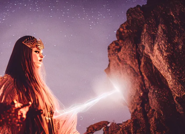 Prompt: closeup of a very good looking fantasy sorceress wearing amazing detailed clothes using her hands to create magical energy dramatically on an empty moonlit hill, dramatic lighting, lens flare, 3 5 mm f 1. 4, professional photography, kodak ektar
