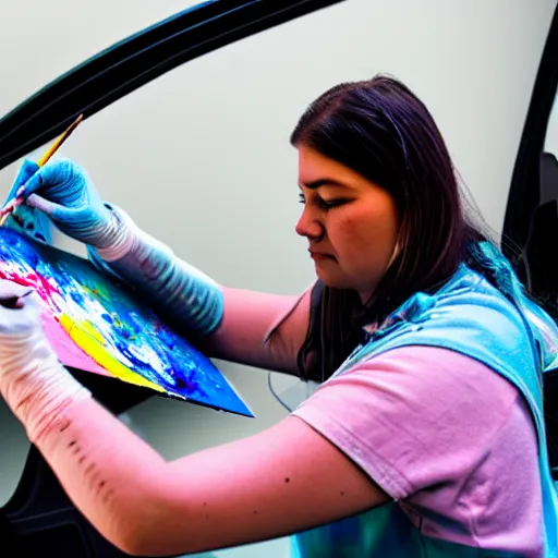 Prompt: an nft artist painting the inside of her car h 6 4 0