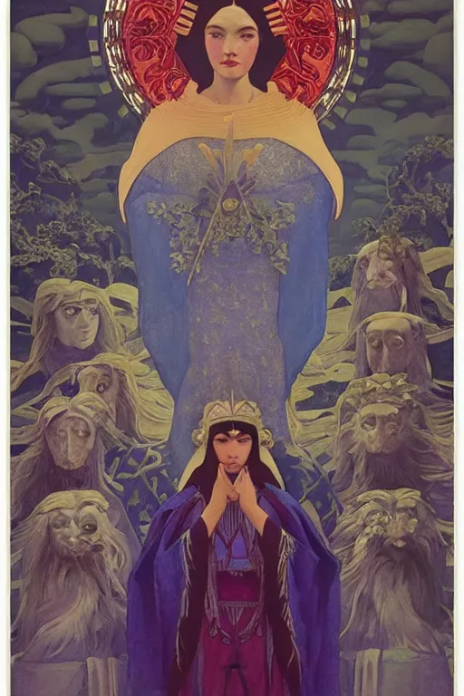 Prompt: queen of the north, by Nicholas Roerich and Annie Swynnerton and Diego Rivera and John William Godward, dramatic cinematic lighting , ornate headdress , flowing robes, sacred artifacts, lost civilizations, smooth, sharp focus, extremely detailed