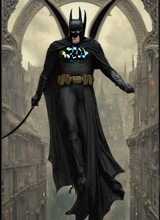 Prompt: majestic gothic batman black armored sinister man noir movie poster, art style by edmund leighton, tom bagshaw, alphonse mucha, exquisite digital art, haunting, masterpiece, organic painting, photorealistic, ornate and hyper detailed