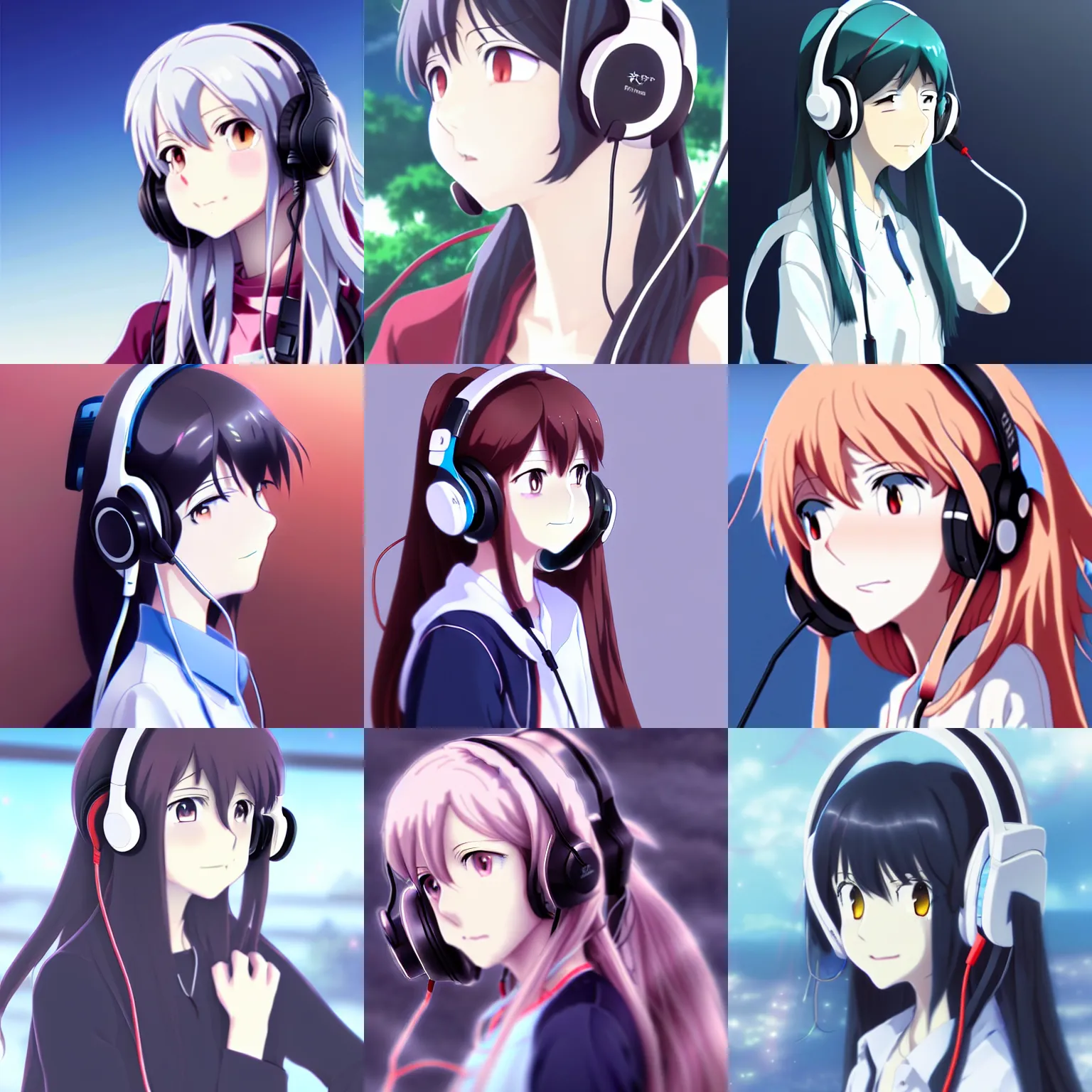 Prompt: anime portrait of white long haired red eyed young cute girl wearing headset by makoto shinkai