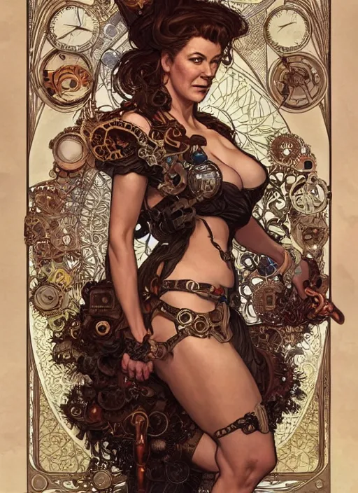 Prompt: Claudia Christian as a beautiful steampunk woman, intricate, elegant, highly detailed, centered, digital painting, artstation, concept art, smooth, sharp focus, illustration, art by artgerm and donato giancola and alphonse mucha