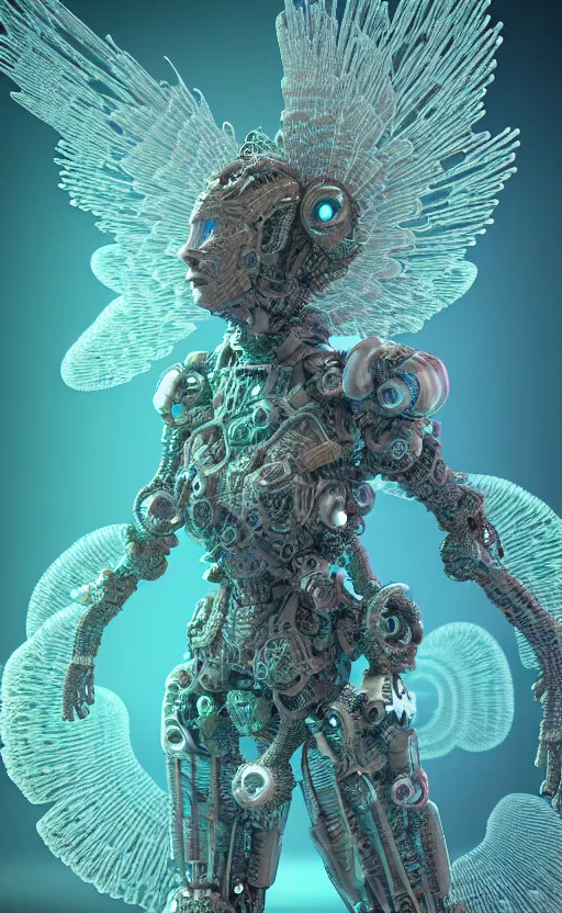 Image similar to intricate armored angel, eagle coral, jelly fish, mandelbulb 3 d, fractal flame, octane render, cyborg, biomechanical, futuristic, by ernst haeckel