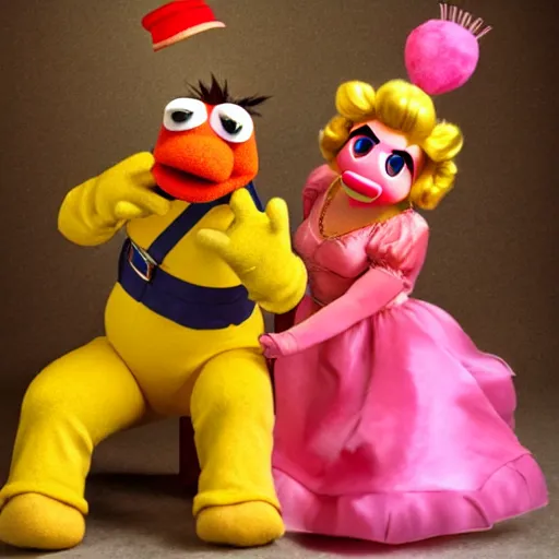 Image similar to A full body still of Mario and Princess Peach as muppets, photo real, photographic, photograph, artstation, trending, award winning, epic lighting, featured