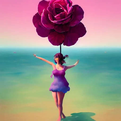 Image similar to portrait, giant rose flower head, girl dancing at the beach, surreal photography, sunrise, blue sky, dramatic light, impressionist painting, digital painting, artstation, simon stalenhag